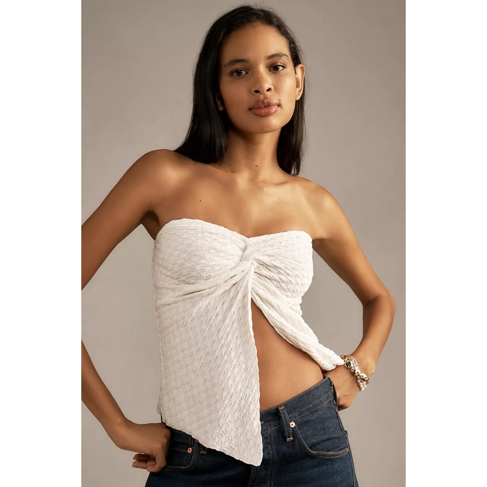 By Anthropologie Strapless Bandeau Top Sz M Twist Front Ivory Textured Coquette